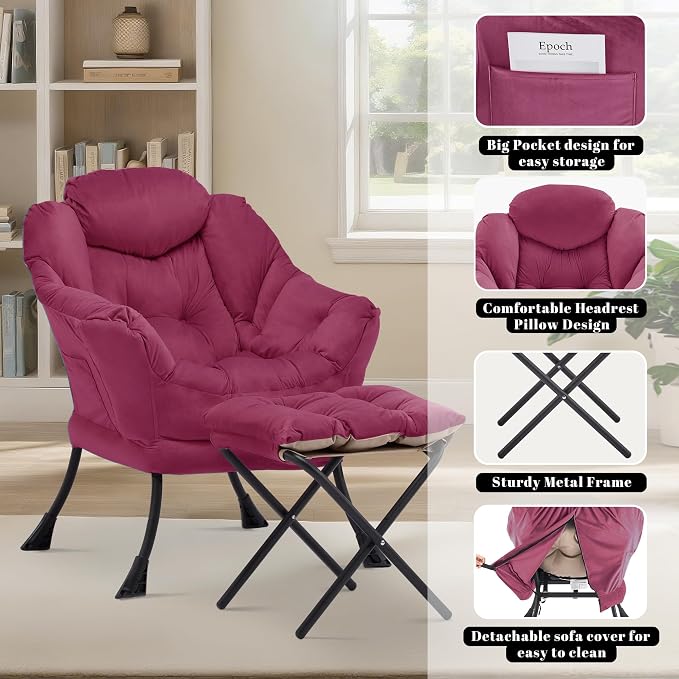 Lazy Chair with Ottoman, Comfy Reading Chair, Burgundy | Cushioned Seat with - Image 9