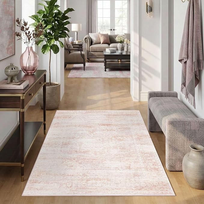 Latte&Fog Pink 4x6 Area Rug for Entryway, Vintage Washable Cute Small Rugs | - Image 4