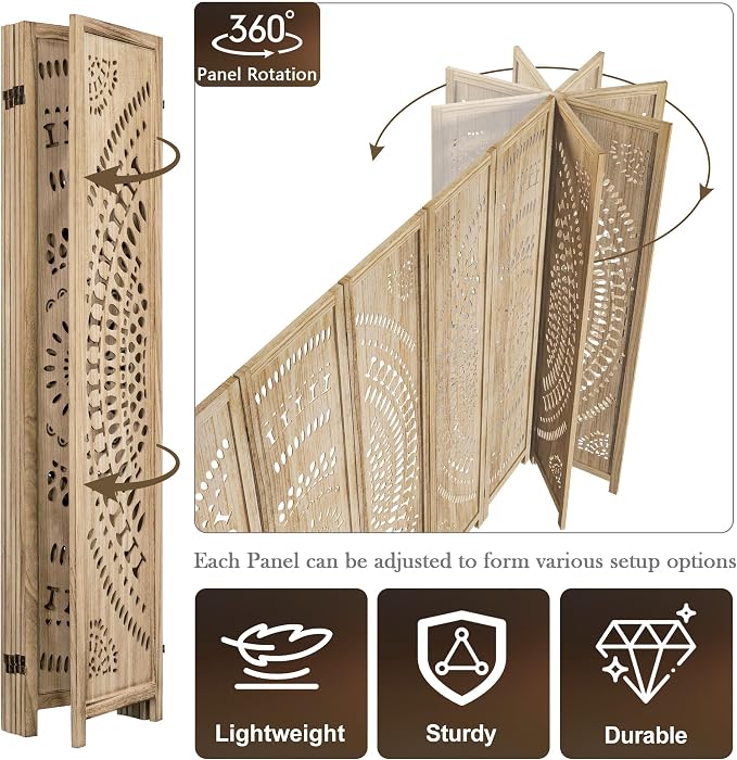 WelFurGeer Handcrafted Carved Wooden Room Divider Screen, Folding Privacy Screen - Image 6