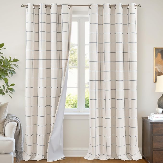Navy Blue Plaid Linen Blackout Curtains by Lajode