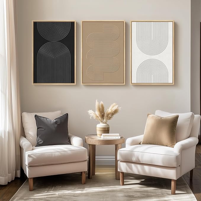 3D Textured Framed Neutral Abstract Geometric Wall Art Set of 3, 16 x 24 In | - Image 5