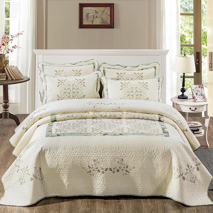 ROOMLIFE Quilt Set Queen Size 3D Floral Embroidery Pattern 3-Piece Cotton | by ROOMLIFE