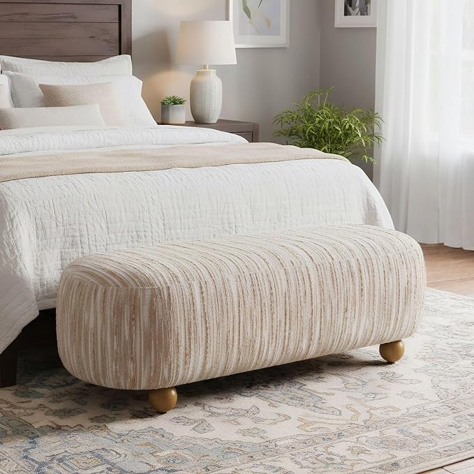 Hyfirm 54" Oatmeal Linen Upholstered Bench – Beige End of Bed Ottoman - Image 3