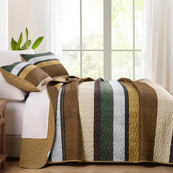 Dobuyly King Stripe Quilt Bedding Set, Boho Brown Lightweight Bedspread | - Image 3