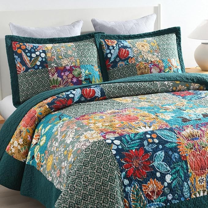 Autumn Dream Cotton Bedspread Luxury Vintage Turquoise Patchwork Bedding Quilt - Image 3