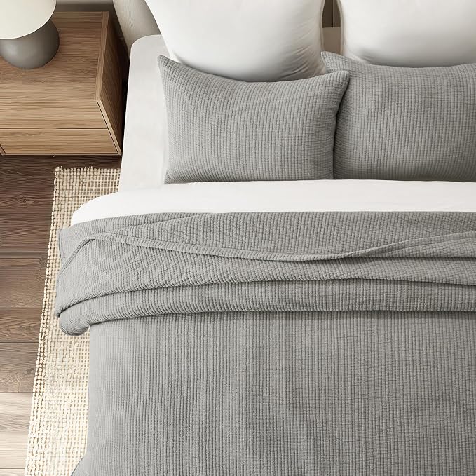 EVERGRACEHOME Cotton Gauze Matelassé Coverlet, Queen Size, Fog Gray | Ultra - Image 2