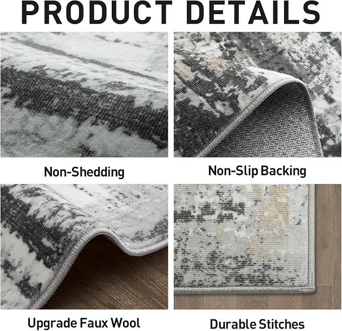 8x10 Area Rugs for Living Room: Washable Abstract Black Grey Gold Carpet | - Image 5