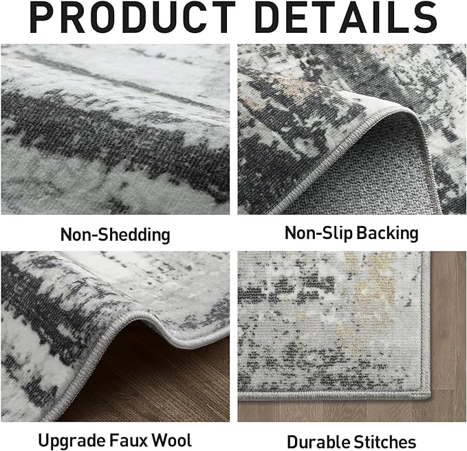 5x7 Area Rugs for Living Room: Washable Abstract Black Grey Gold Carpet | - Image 5