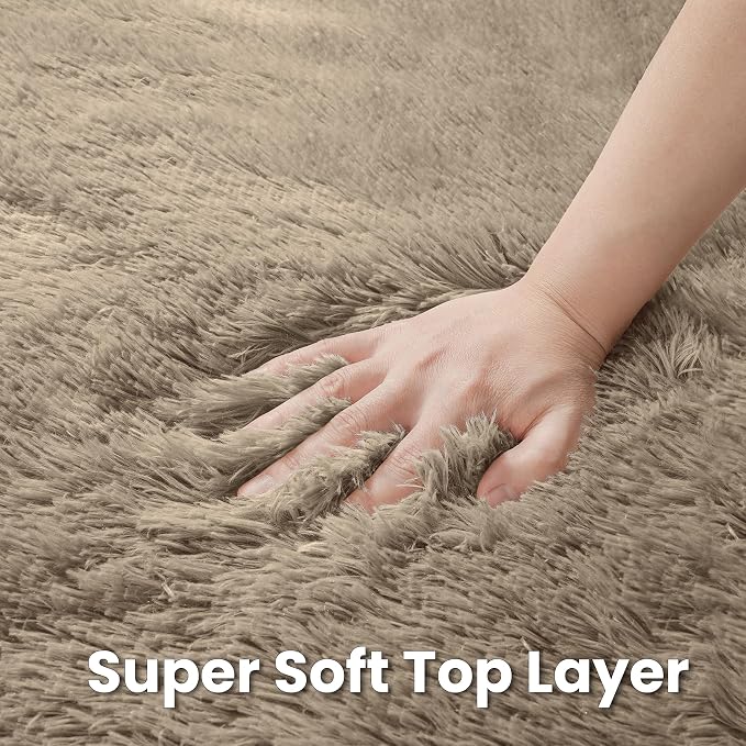 Grey Camel Round Fluffy Rug 5ft Plush Fuzzy Shaggy Carpet | Soft Rugs - Image 6