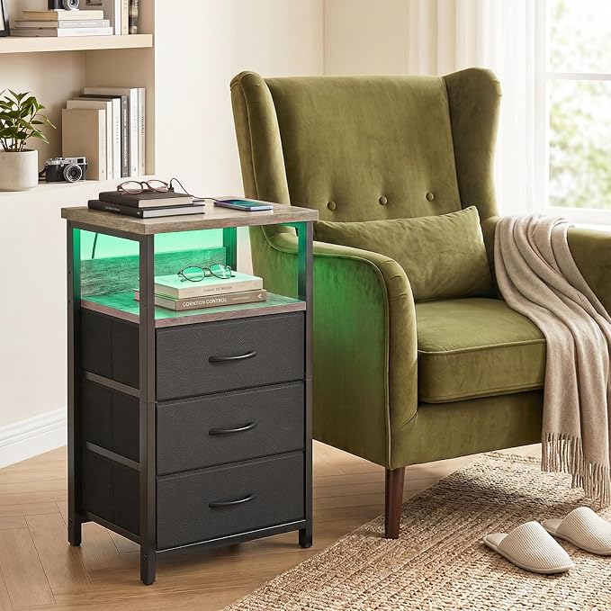 Fixwal Night Stand with 3 Fabric Drawers, Nightstand with Charging Station | - Image 6