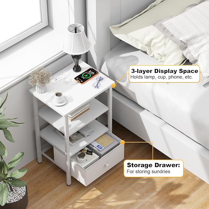 Side Table with Charging Station, Nightstand with Adjustable Fabric Drawer - Image 5