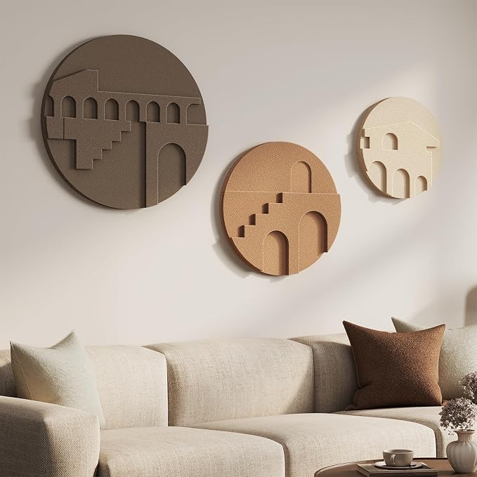 3D Textured Round Neutral Abstract Wall Art Set, 3 Piece Mid-Century Modern - Image 2