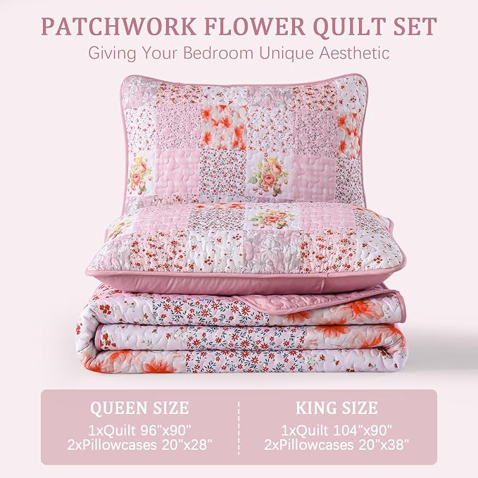 Mybedsoul Patchwork Quilt King Size, Soft Pink Boho Floral King Bedspreads - Image 7