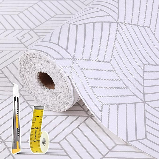 Shelf Liners for Kitchen Cabinets 24in x 30FT, Non Adhesive Cabinet Liner Strong Non-Slip Thickened Silver Geometric Easy to Clean for Shelf, Cabinet, Refrigerator with Knife and Tape Measure