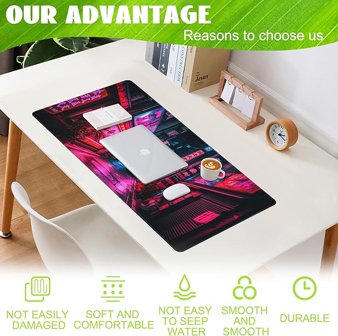 Eflxamz Desk Mat,Japanese Anime Neon Street Desk Pad,Anime City Large Gaming Mouse Pad for Desk,Extended Big Computer Keyboard Mouse Pad with Non-Slip Base and Stitched Edge,35.4"x15.7"