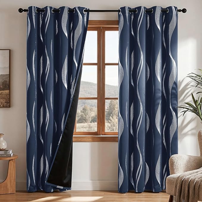 Deconovo Silver Foil Wave Pattern Total Blackout Curtain Panels, Living Room by Deconovo