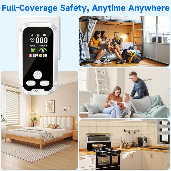 5-in-1 Carbon Monoxide Detector Combo with LCD Display, Detects CO, Natural Gas, Smoke, Temperature, Humidity for Home Hotel, Camping RV, Apartment Safety, White
