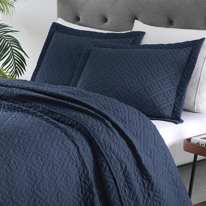 EXQ Home King Size Quilt Set Squares Pattern Bedding Set Lightweight Navy | - Image 2