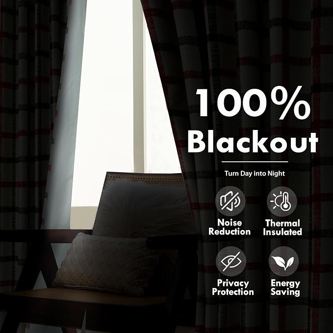 DriftAway 100% Blackout PlaidCurtains 72 Inches Long 2 Panels Red Green | 100% - Image 4