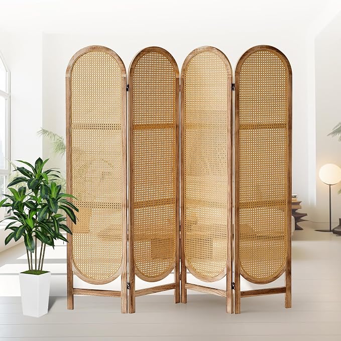 4 Panel Rattan Room Divider, Folding Room Divider Screen, Natural | Pine Wood by AsNefeli