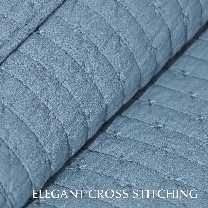 x Kinsey Walsh 100% Cotton Cross Stitch Quilt, Dusty Blue | Cross Stitch Cotton - Image 3