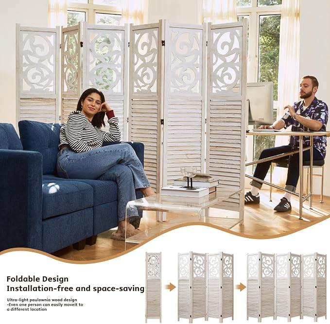 Svimi Folding Room Divider, 5.6Ft 6 Panels Wood Carved Privacy Screens - Image 2