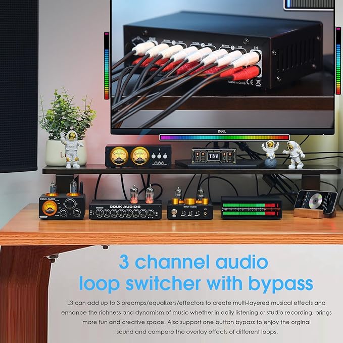 Douk Audio L3 RCA Audio Switch 1 in 3 Out & 3 in 1 Out, 3 Channel Switcher Selector Box with Remote Control & VU Meter & Bypass for PC, Amplifier, Speaker