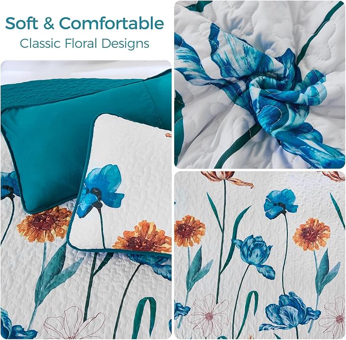 WONGS BEDDING Floral Quilt Set King, Shabby Chic Teal Floral Botanical Pattern - Image 5