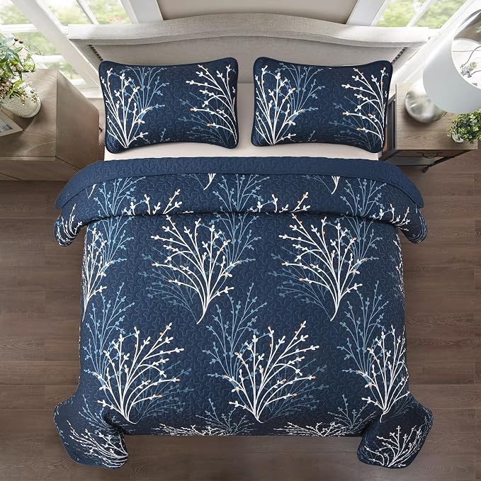 DJY Navy Quilt Set King Size Branch Botanical Bedspread Coverlet Set | 3 Pieces - Image 3