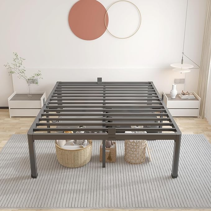 ROIL 16 Inch Queen Bed Frame with Rounded Corner and Headboard Hole Mattress Retainers 3500LBS Metal Heavy Duty Steel Slats No Box Spring Needed Platform Noise-Free Easy Assembly