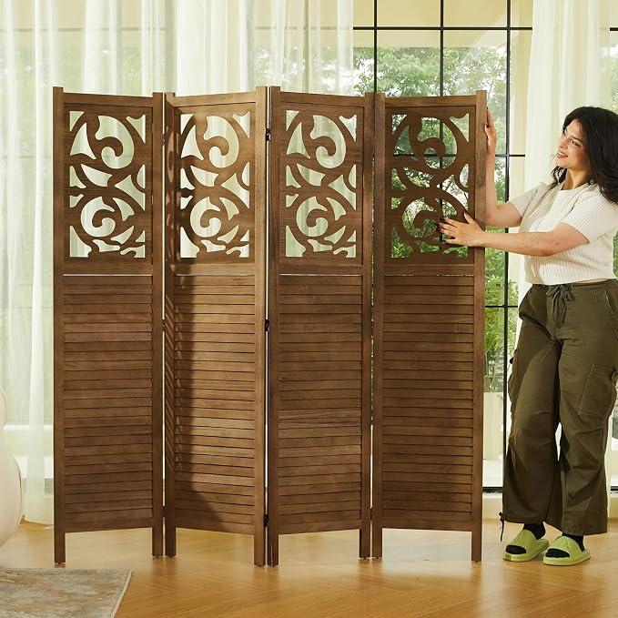 Svimi Folding Room Divider, 5.6Ft 4 Panels Wood Carved Privacy Screens - Image 5