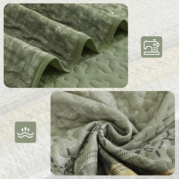 Cottolester Sage Green Queen Quilt Set, Sunner Striped Patchwork Bedspread | - Image 5
