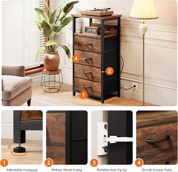 Lazzanto Night Stand with Charger Station, 4 Fabric Drawers, Bedside Table - Image 6