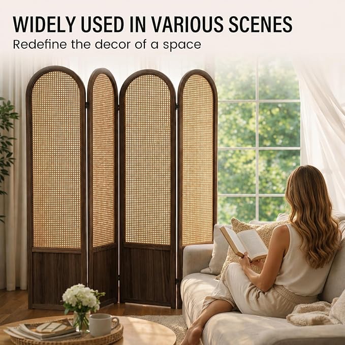 4 Panel Rattan Room Divider Screen, Boho Folding Privacy Screen | Decorative - Image 6