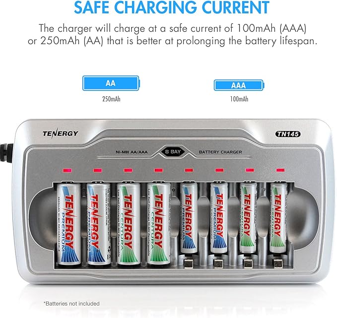 Tenergy TN145 8 Bay Charger and 8 Pack Rechargeable AAA Batteries, Independent Charging, UL & CE Certified