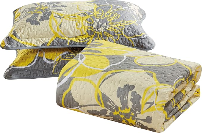 Home Collection Quilt Bedspread Set Over Size Flowers Printed Grey Yellow - Image 4