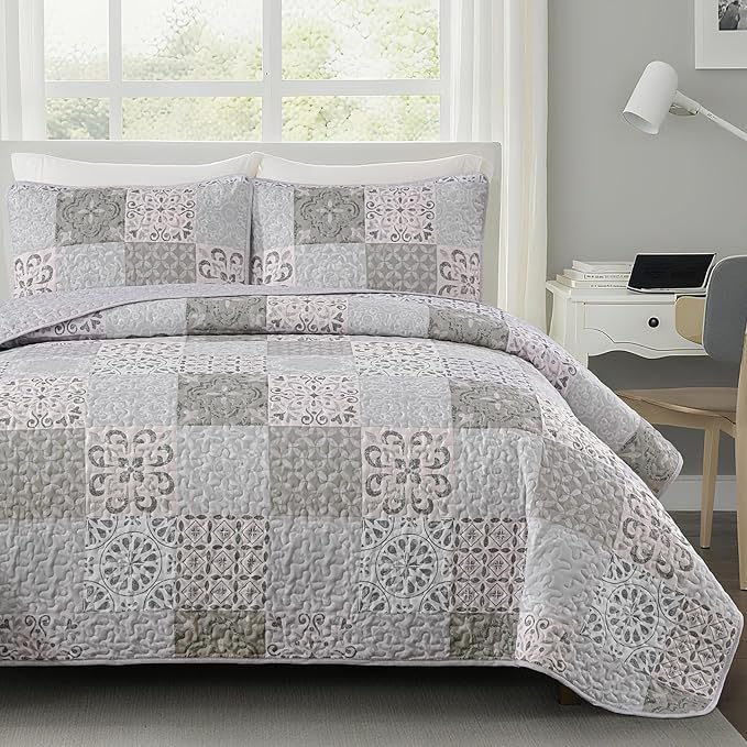 Dobuyly King Size Quilt Set Boho Grey Beige Plaid Patchwork Bedspreads Coverlet by Dobuyly