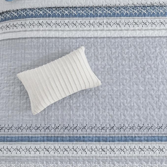Cottolester Mineral Blue Queen Quilt Set, Boho Striped Bedspread Coverlet | - Image 8
