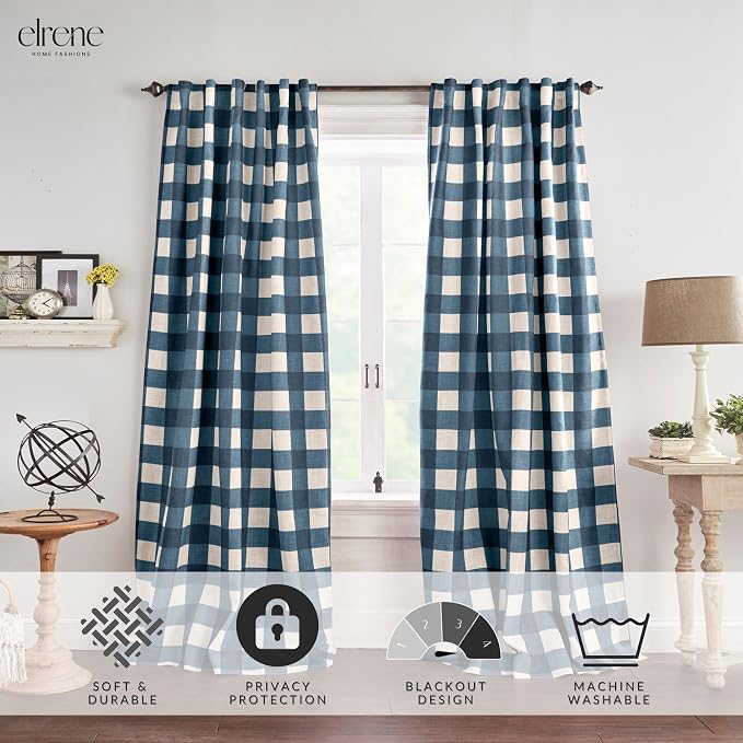 Grainger Buffalo Check Blackout Window Curtain, Indigo - Image 2