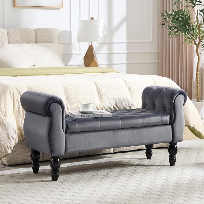 47.6" Storage Bench for End of Bed Bedroom, Velvet Ottoman Bench by ORIRSNUG
