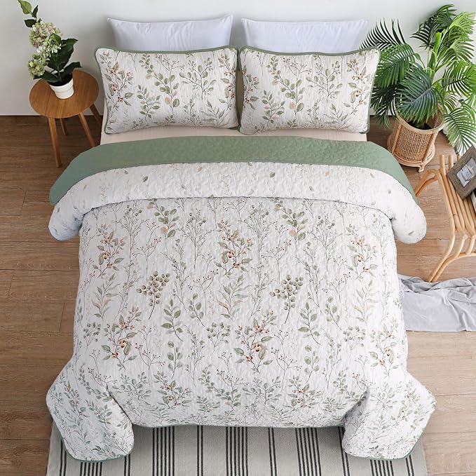 Anibedding Botanical Quilt Set Queen Size Sage Green Print Bedspreads | Green - Image 2
