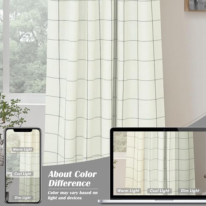 DriftAway 100% Blackout Plaid Linen Curtains 84 Inches Long 2 Panels Gray | - Image 7