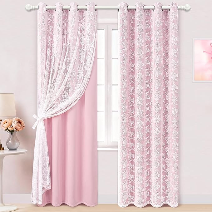 Yinhua Pink Curtains for Girls Room Double Layer Blackout Curtains for Bedroom by yinhua