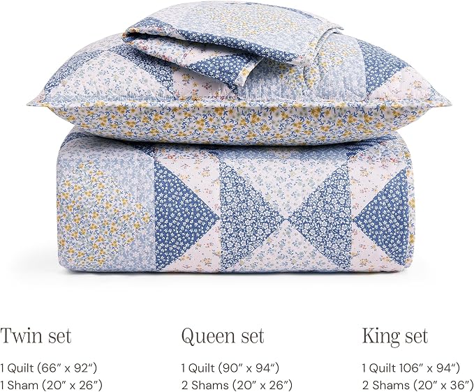 Queen Quilt Set-3 Pieces Soft Bedding Lightweight Floral Patchwork Coverlet | - Image 8