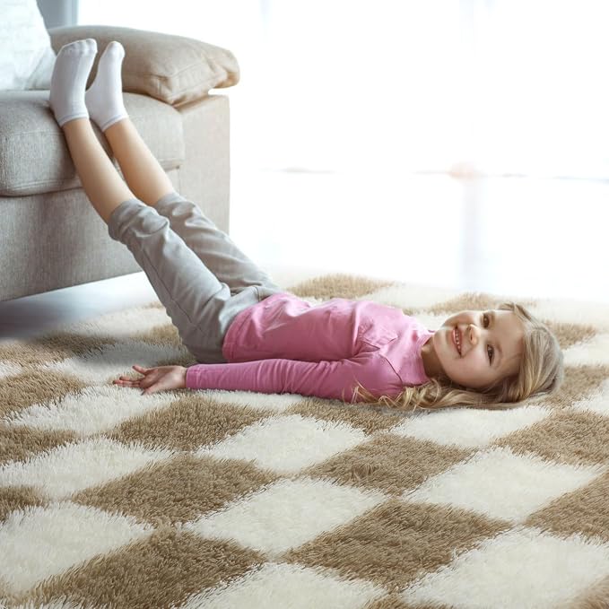 KICMOR Living Room Rug 7x9 Area Rug, Large Fluffy Shag Shaggy Fuzzy Checkered - Image 8