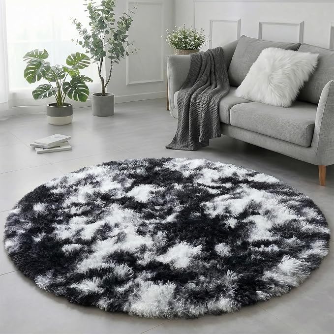 Amdrebio Black White Grey Plush Round Area Rug 6Ft - Image 4