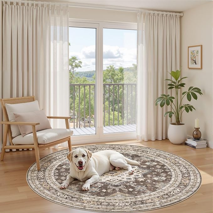 cotiled 5ft Round Living Room Area Rug, Traditional, Dark Brown | Soft - Image 9