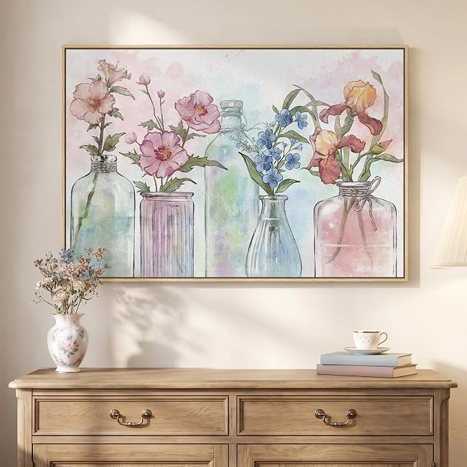 Framed Colorful Floral Wall Art, Modern Botanical in Vase Canvas Prints Painting by Cuspin