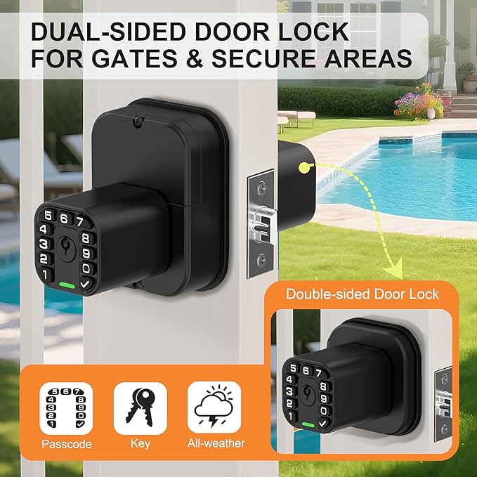 Richelock IU52 Double-Sided Keypad Door Lock, All-Weather, Fully Waterproof Keyless Entry with Dual-Sided Programmable Codes, Same Key Both Sides for Outdoor, Indoor, Gate & Fence