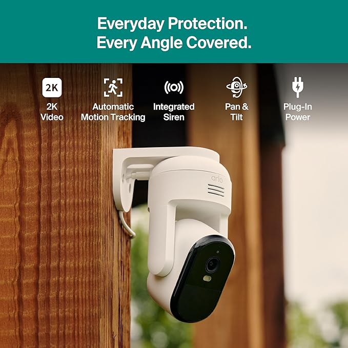 Arlo Essential Pan Tilt Security Camera 2K + 6 Months of Secure Plus Plan - Wired Plug-in Power Outdoor Camera, Person Recognition, Package Detection, Animated Preview, Auto Motion Tracking, 1 Cam